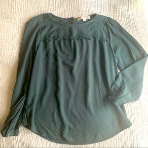 LOFT Teal Back Button Blouse — Embroidered Front